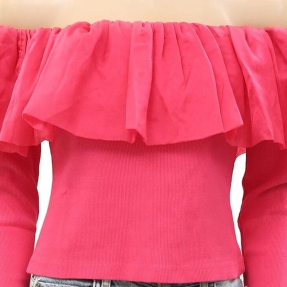 By Anthropologie Off-The-Shoulder Organza Ruffle Top Small Pink - Picture 7 of 9